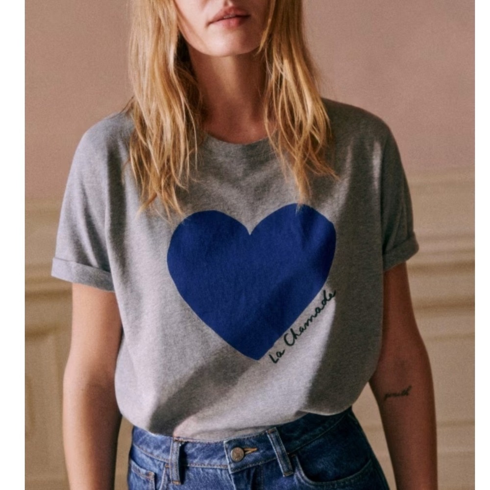 Sezane La Chamade Graphic T-Shirt Women XS Gray Organic Cotton Heart Graphic